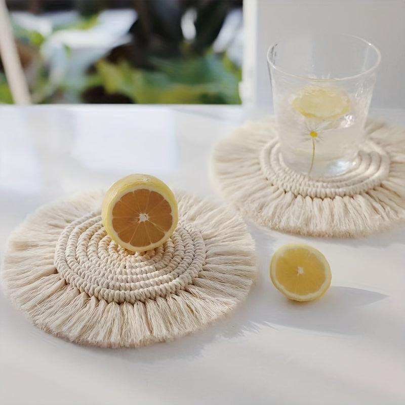 Boho Macrame Coasters For Wooden Table - Hand Woven Drink Coasters