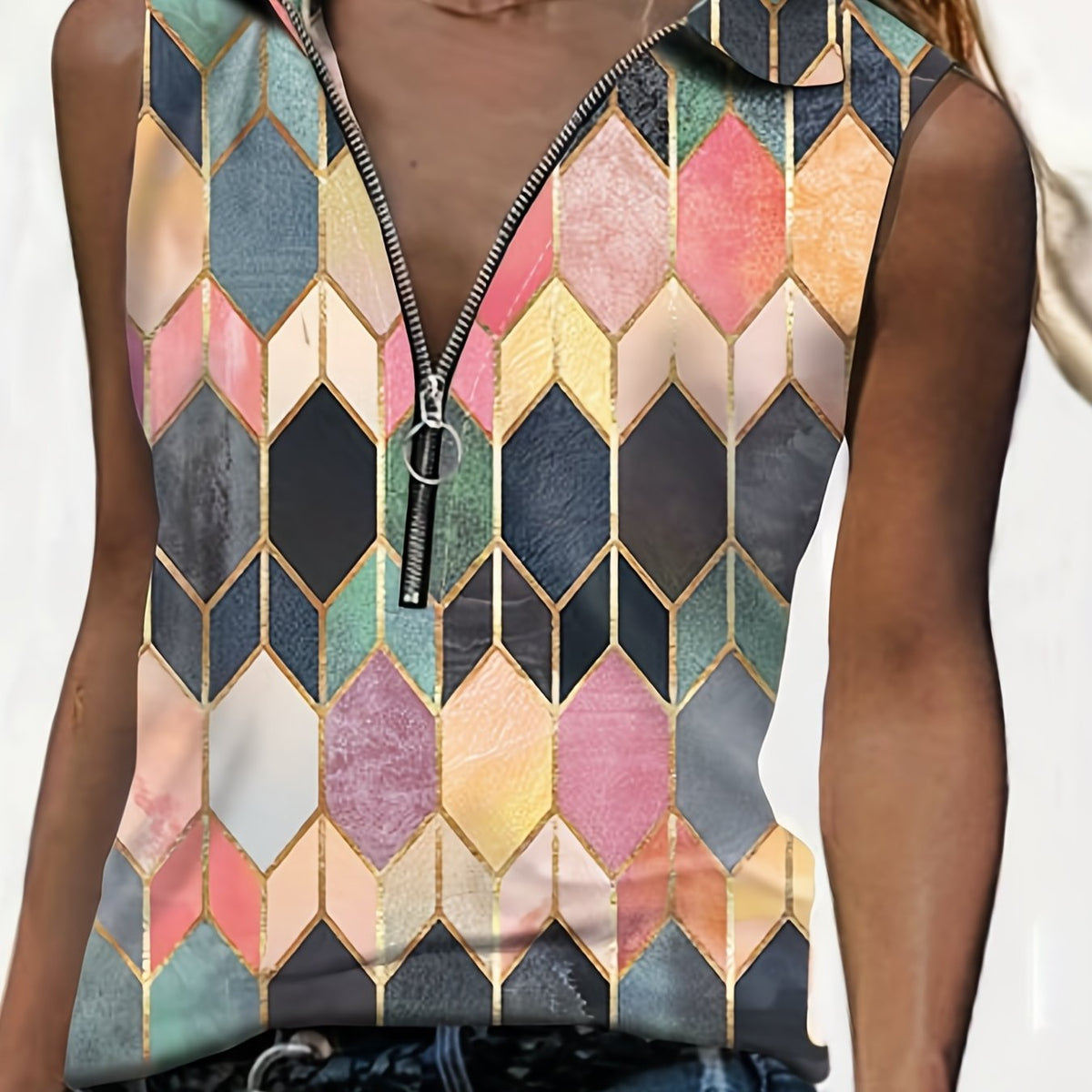 Geo Pattern Collar Tank Top Zip Up Casual Top For Summer