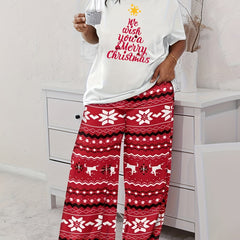  Christmas Tree Print Tee & Pants Pajama Set