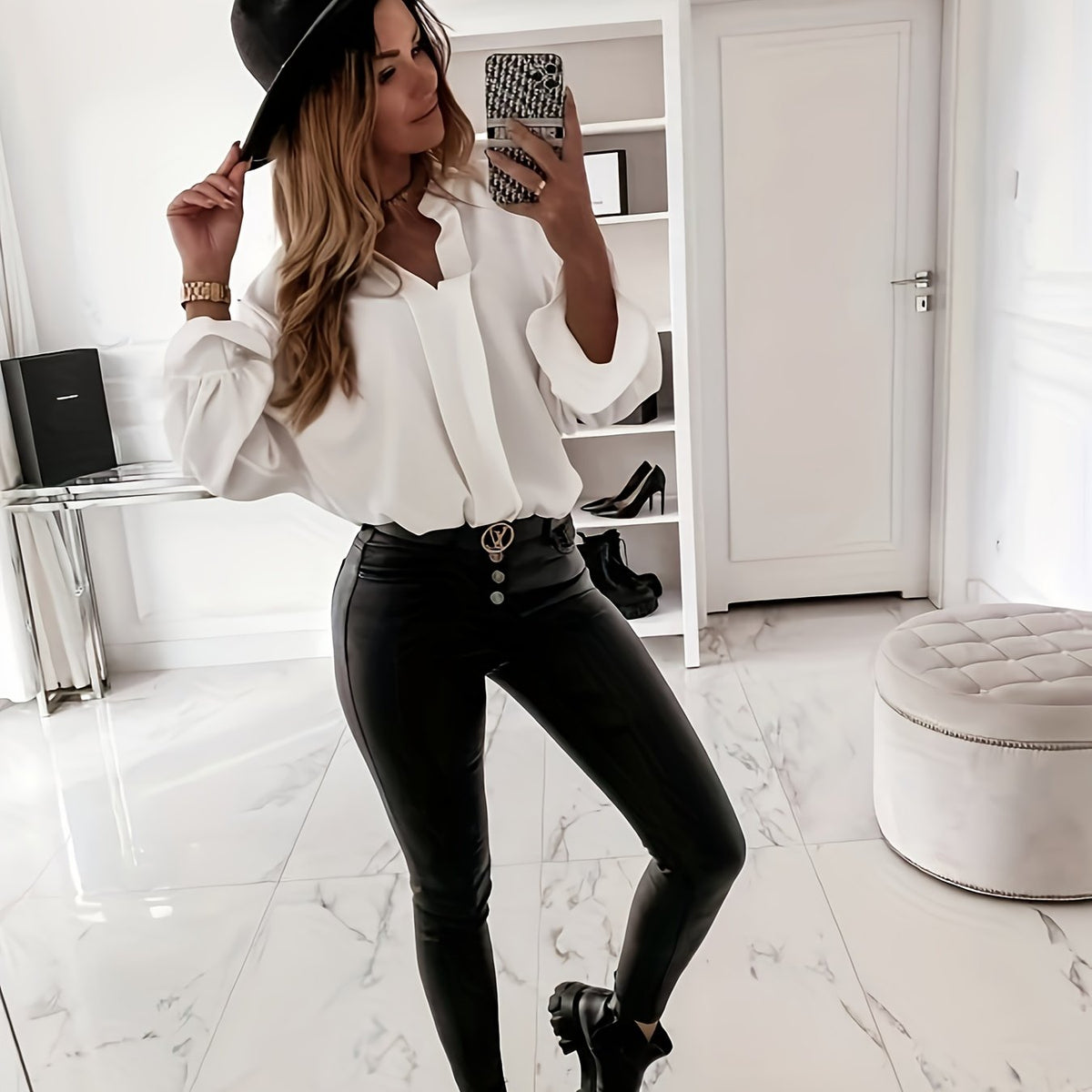  Casual Blouse Women's Solid Flounce Sleeve Stand Collar Shirt