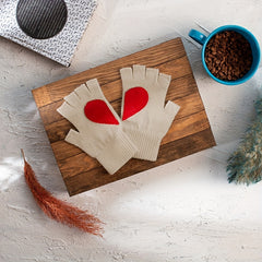 Khaki Half Finger Gloves Heart Patch Warmer Knit Gloves