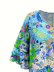  Boho Dress Women's Paisley Floral Print Bell Sleeve Mini Dress