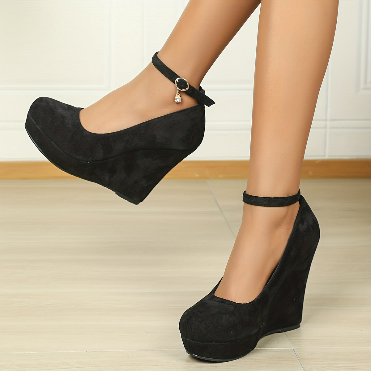 Women's Stylish Wedge Heel Shoes Buckle Strap Platform Heels Suede Party Pumps