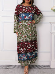  Colorblock Floral Print Long Sleeve Maxi Dress