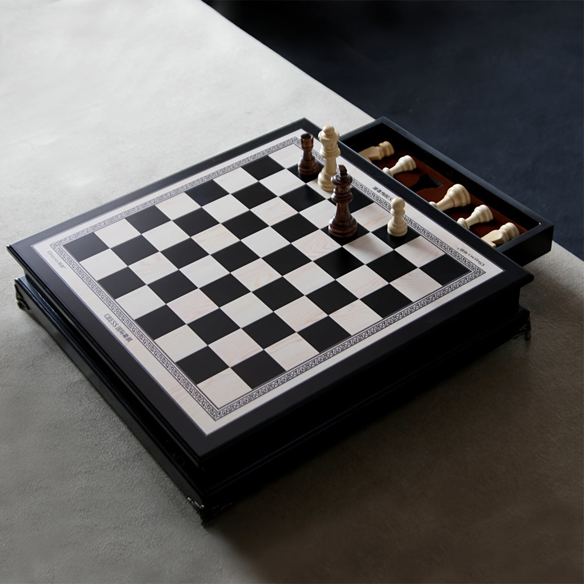 Wooden Int'l Chess Set w/ Storage Drawer Plus 2 Extra Queens Classic Board Game
