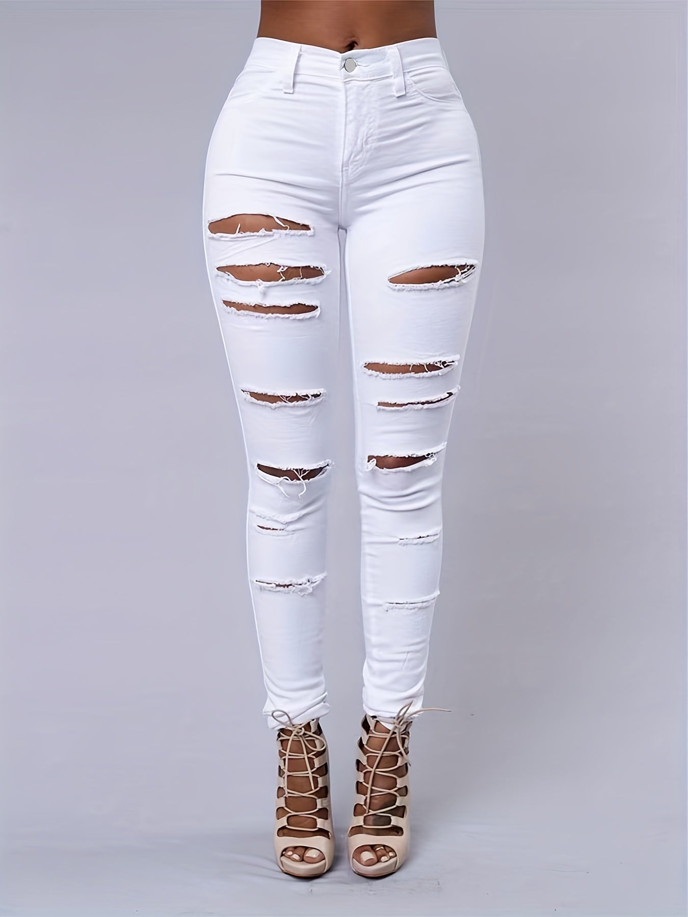 High Strech Distressed Jeans Solid Slim Fit Denim Pants Women's Jeans