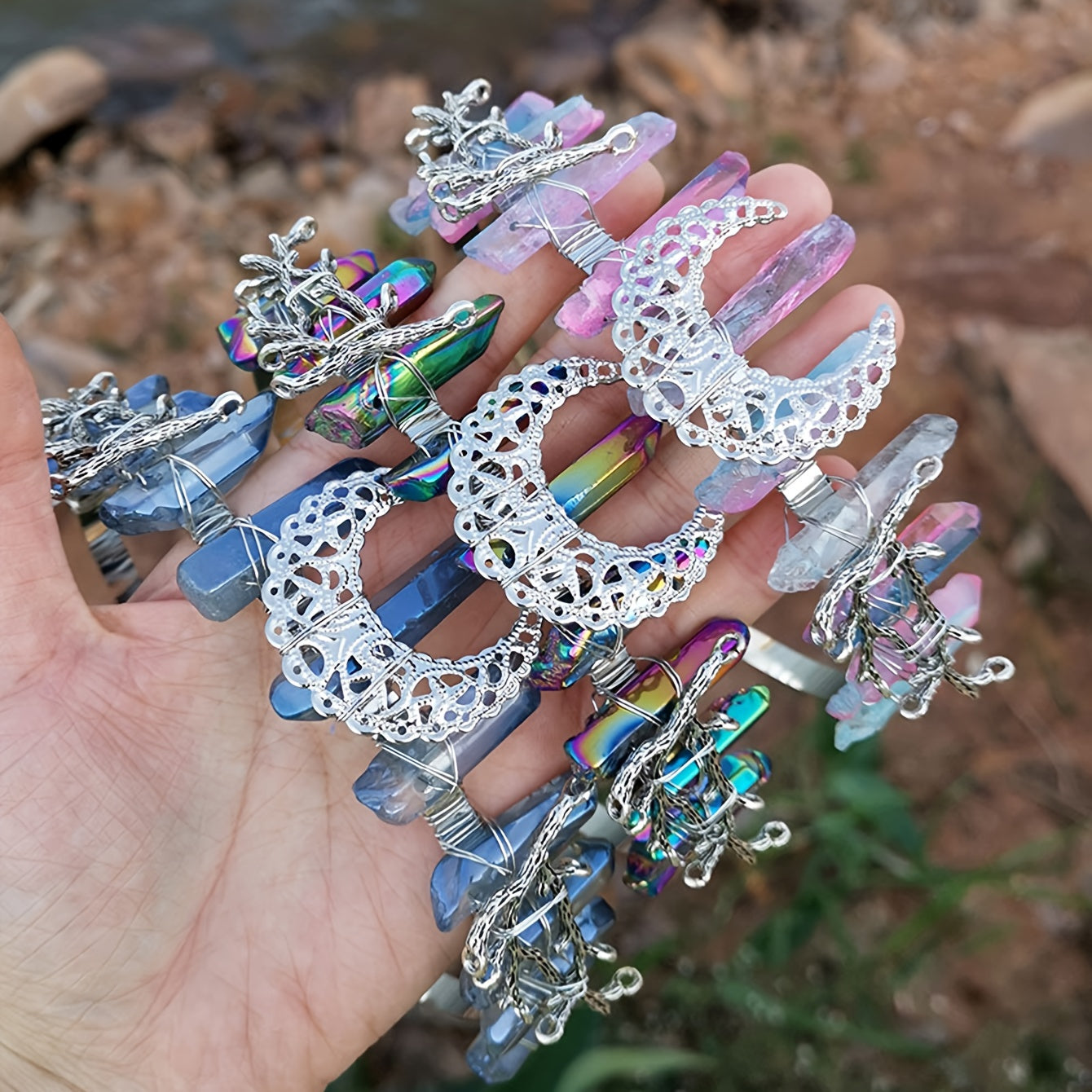 Crystal Quartz Crown Moon Earrings