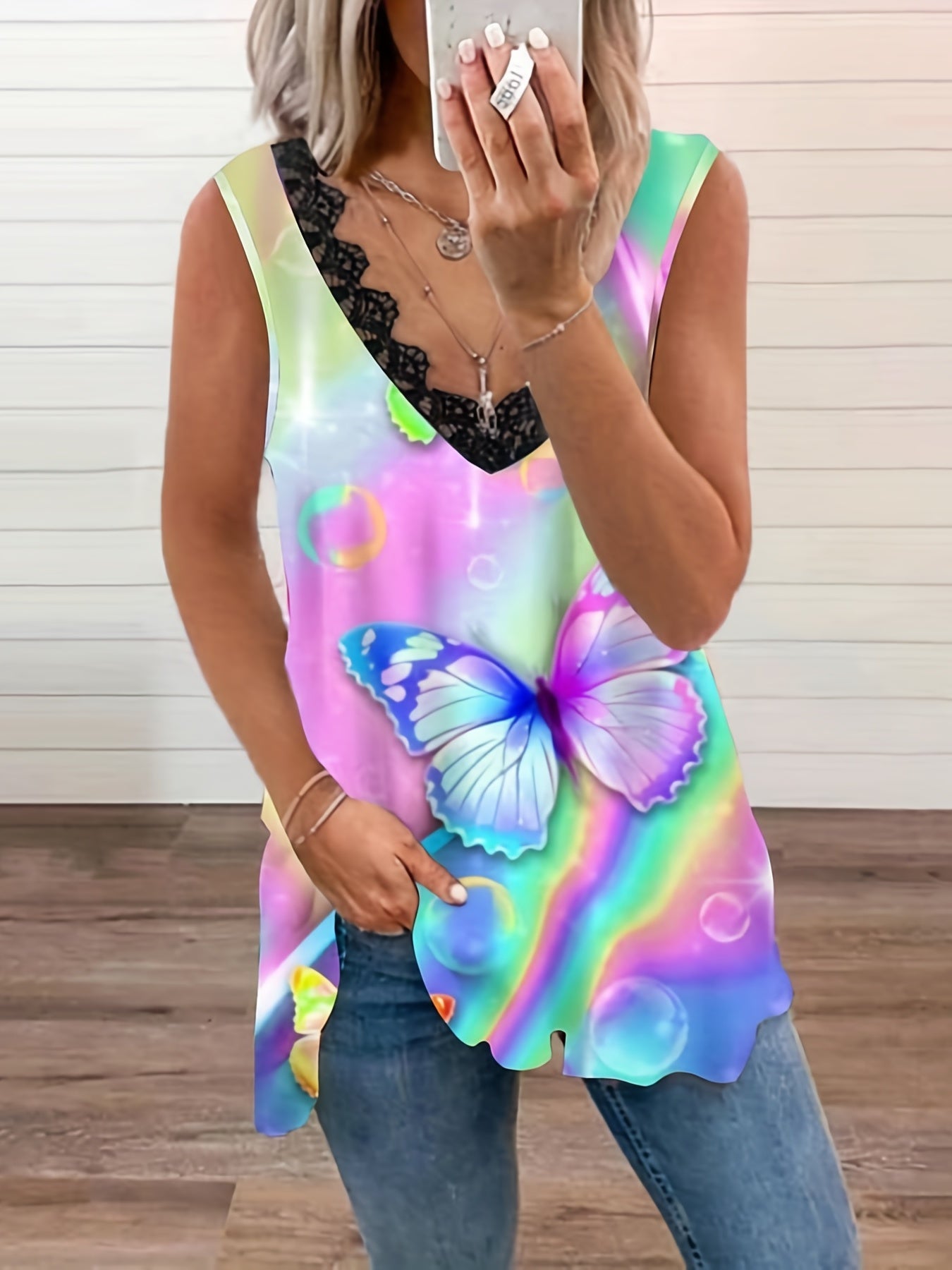  Bubble & Butterfly Print Lace Trim V Neck Tank Top