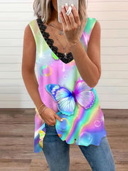  Bubble & Butterfly Print Lace Trim V Neck Tank Top