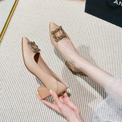 Women's Chunky Mid Heels Rhinestone Buckle Dress Shoes