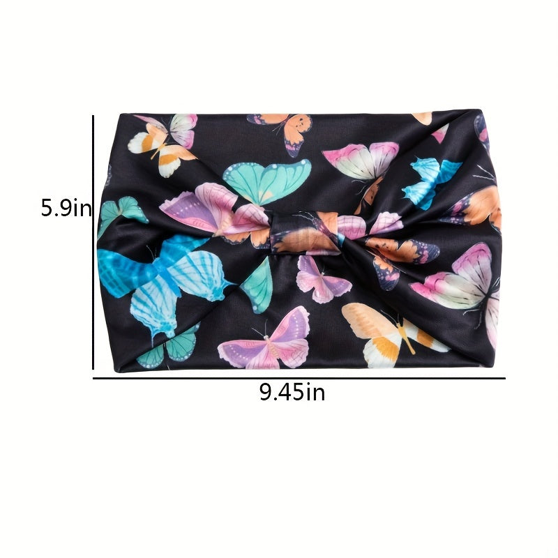 Y2K Butterfly Print Headband Wide Brim Elastic Knotted Hair Accessory