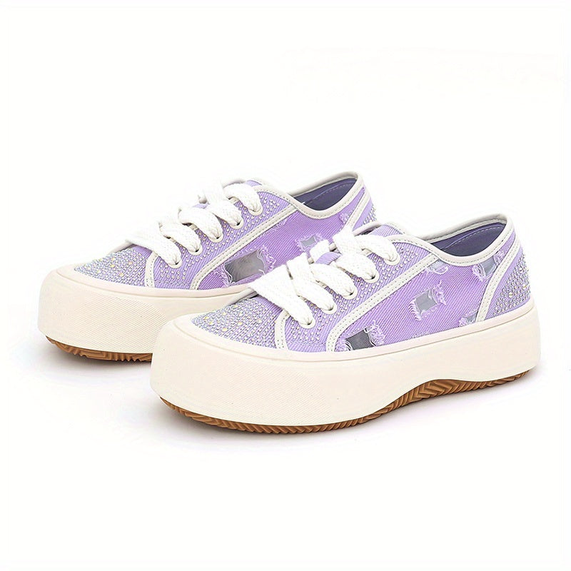 Rhinestone Mesh Low Top Chunky Shoes Women's Casual Heightening Board Shoes