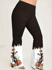  Pumpkin Elf Print Flared Leg Trousers