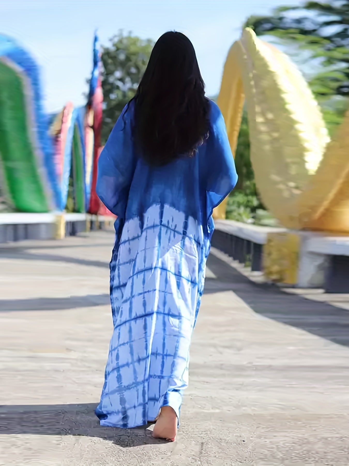  Colorblock Tie Dye Print V Neck Cover Up Dress