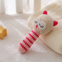 Crochet Owl Plush Toy w/ Red Accents Soft Knit Animal Keychain Nursery Decor
