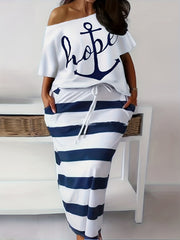 Women's Plus Anchor & Letter Print T shirt & Strip Slim Fit Skirt 2pcs Set