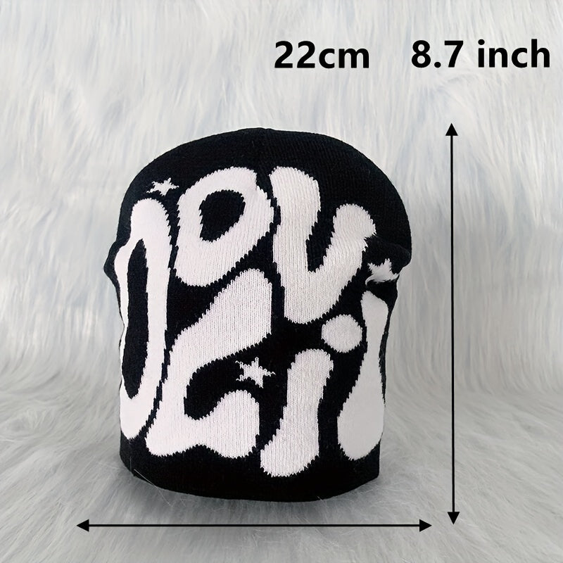 Y2K Knitted Beanie Hip Hop Letter Jacquard Warm Skull Cap