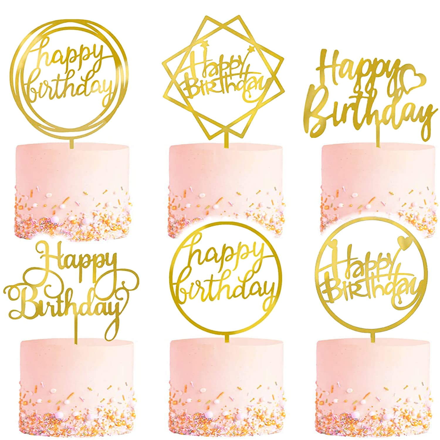 6pc Golden Happy Birthday Cake Toppers Acrylic Decorations