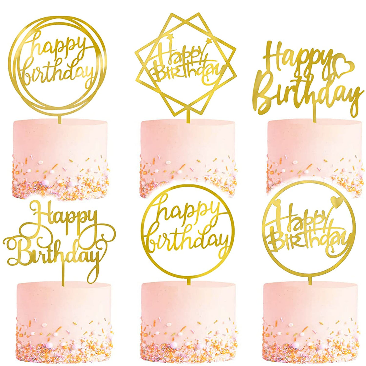 6pc Golden Happy Birthday Cake Toppers Acrylic Decorations