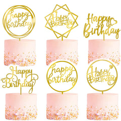 6pc Golden Happy Birthday Cake Toppers Acrylic Decorations
