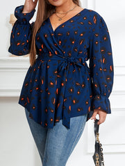  Leopard Print Lantern Sleeve Blouse with Belt