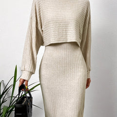 Ribbed Two-Piece Set Mock Neck Drop Shoulder Tops & Bag Hip Midi Skirts