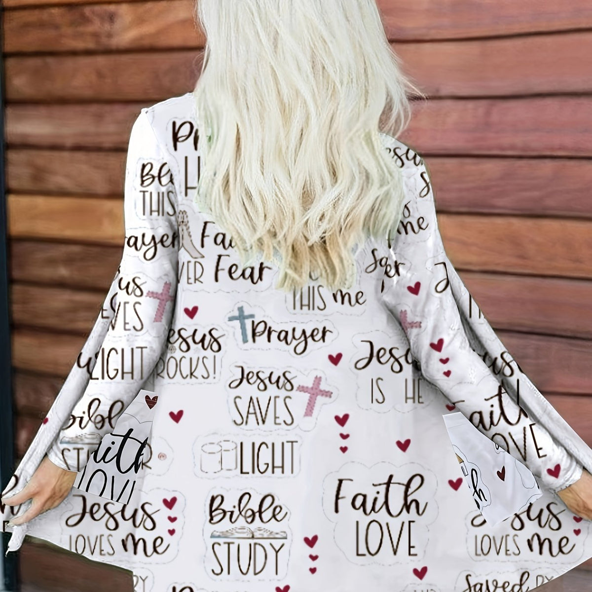  Casual Cardigan Letter & Cross Print Long Sleeve Open Front