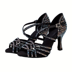 Latin Dance Shoes Cowhide Rhinestone Heeled Sandals
