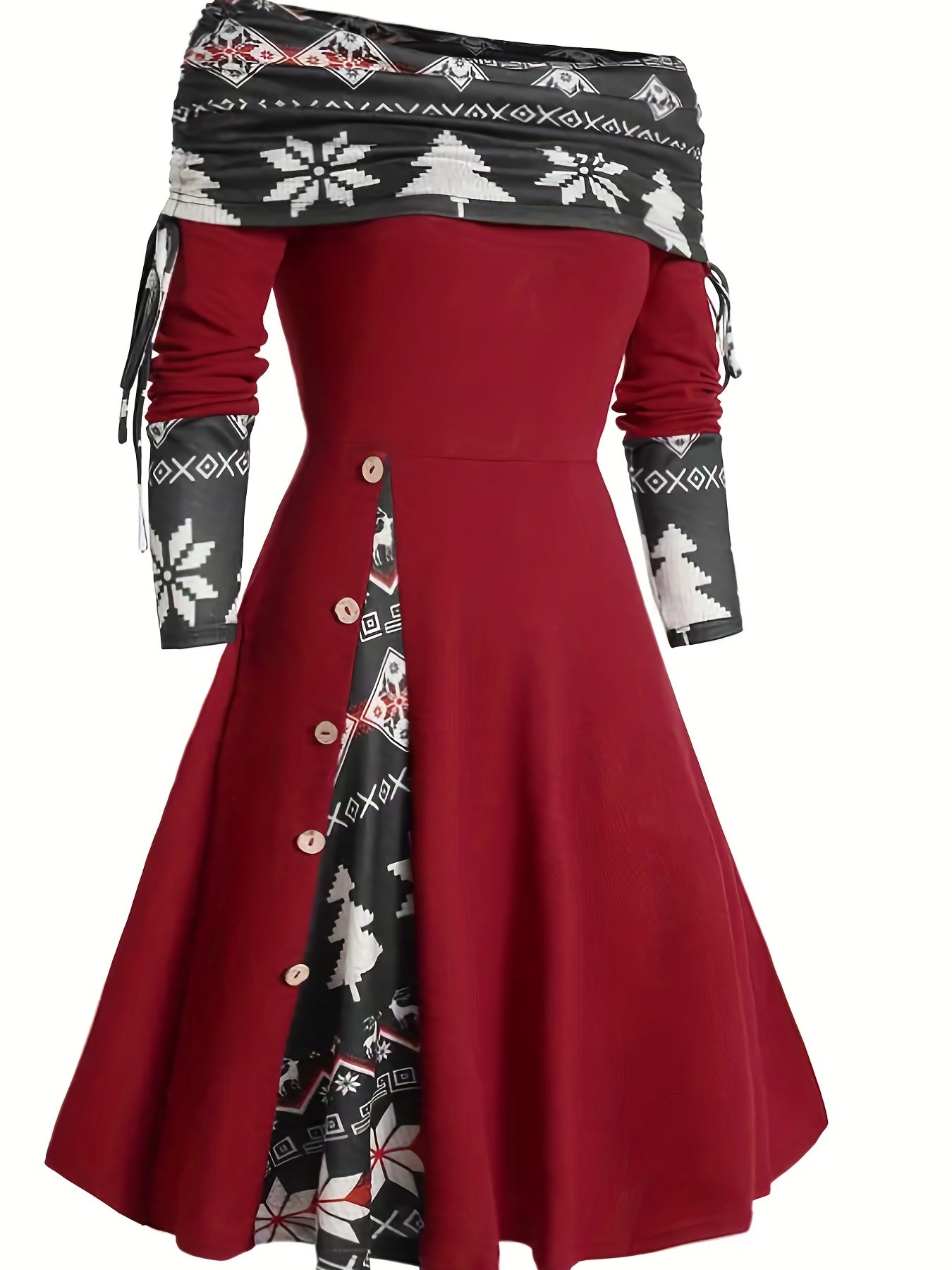  Geo Print Off Shoulder A Line Dress