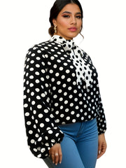  Colorblock Dot Print Lantern Sleeve Top