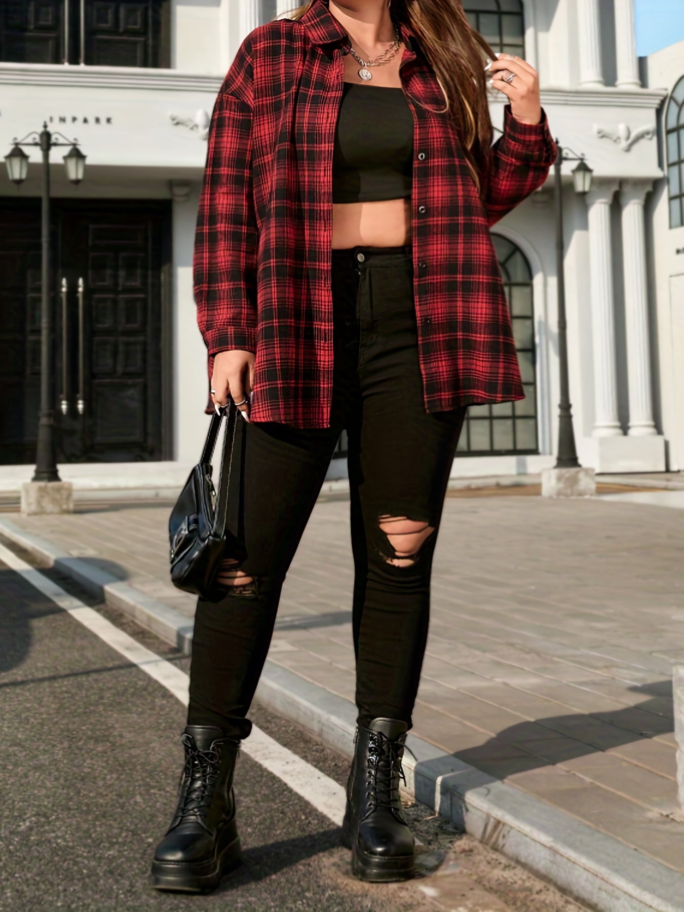  Plaid Print Button Up Long Sleeve Shacket