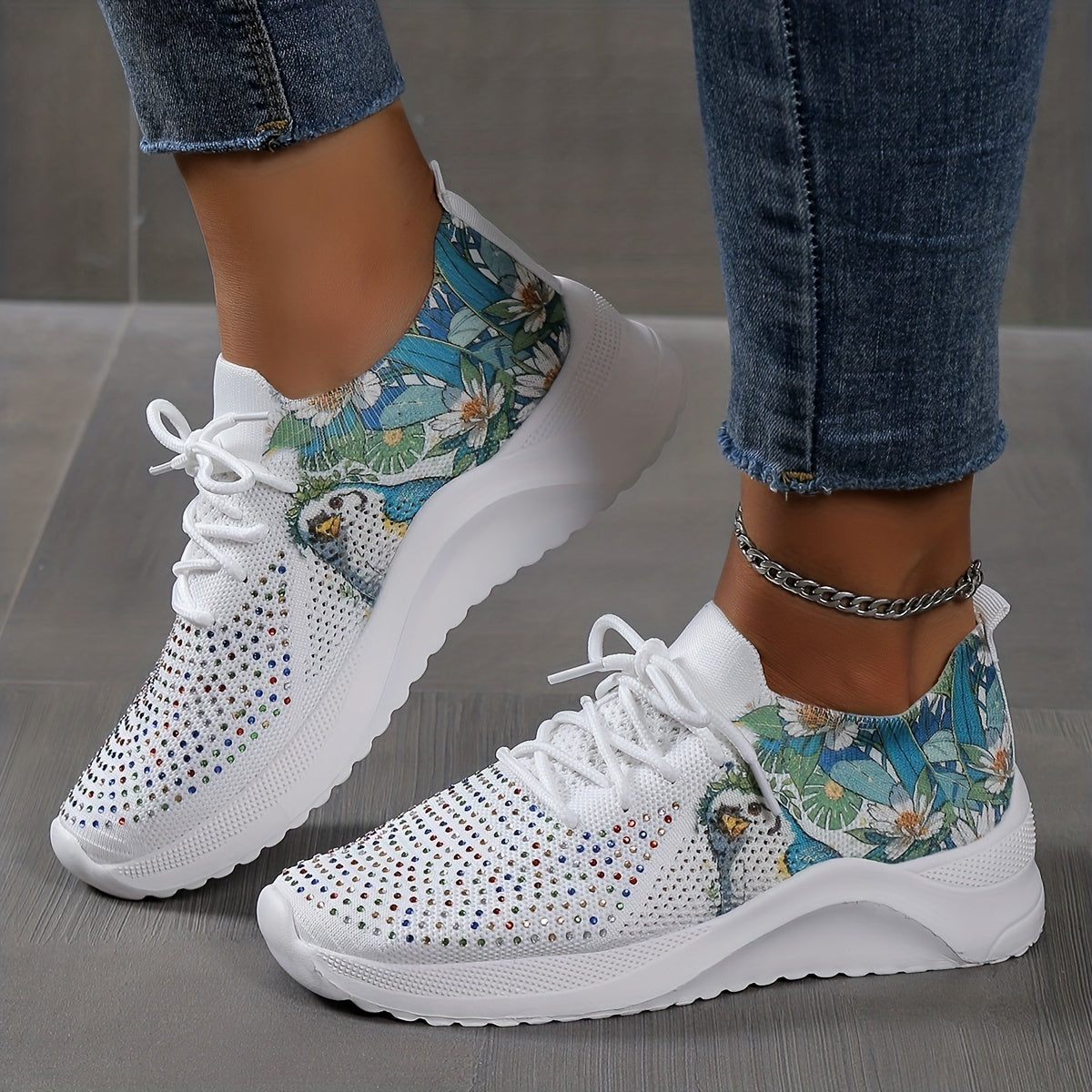 Women's Rhinestone & Floral Sneaker Low Round Toe Sporty Shoes
