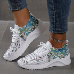 Women's Rhinestone & Floral Sneaker Low Round Toe Sporty Shoes
