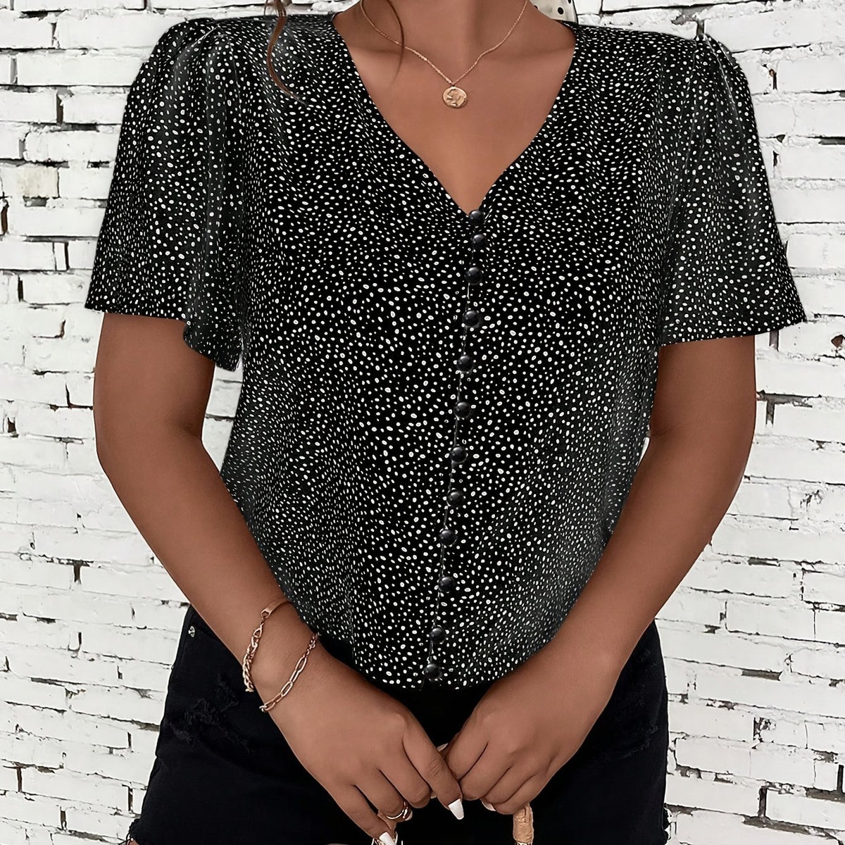  Dot Print Button Up Short Sleeve V Neck Top