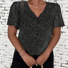  Dot Print Button Up Short Sleeve V Neck Top