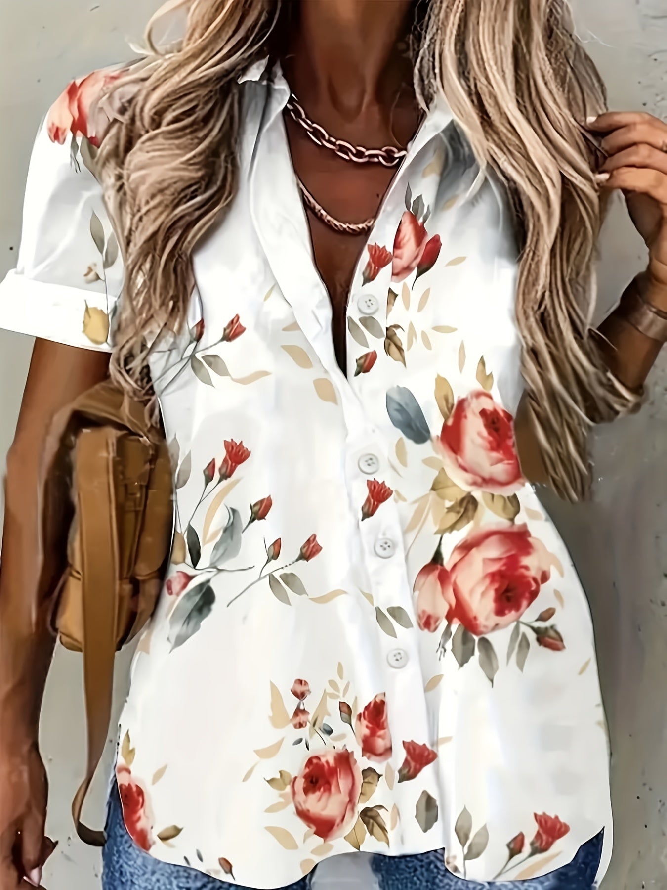  Floral Print Button Up Short Sleeve Blouse