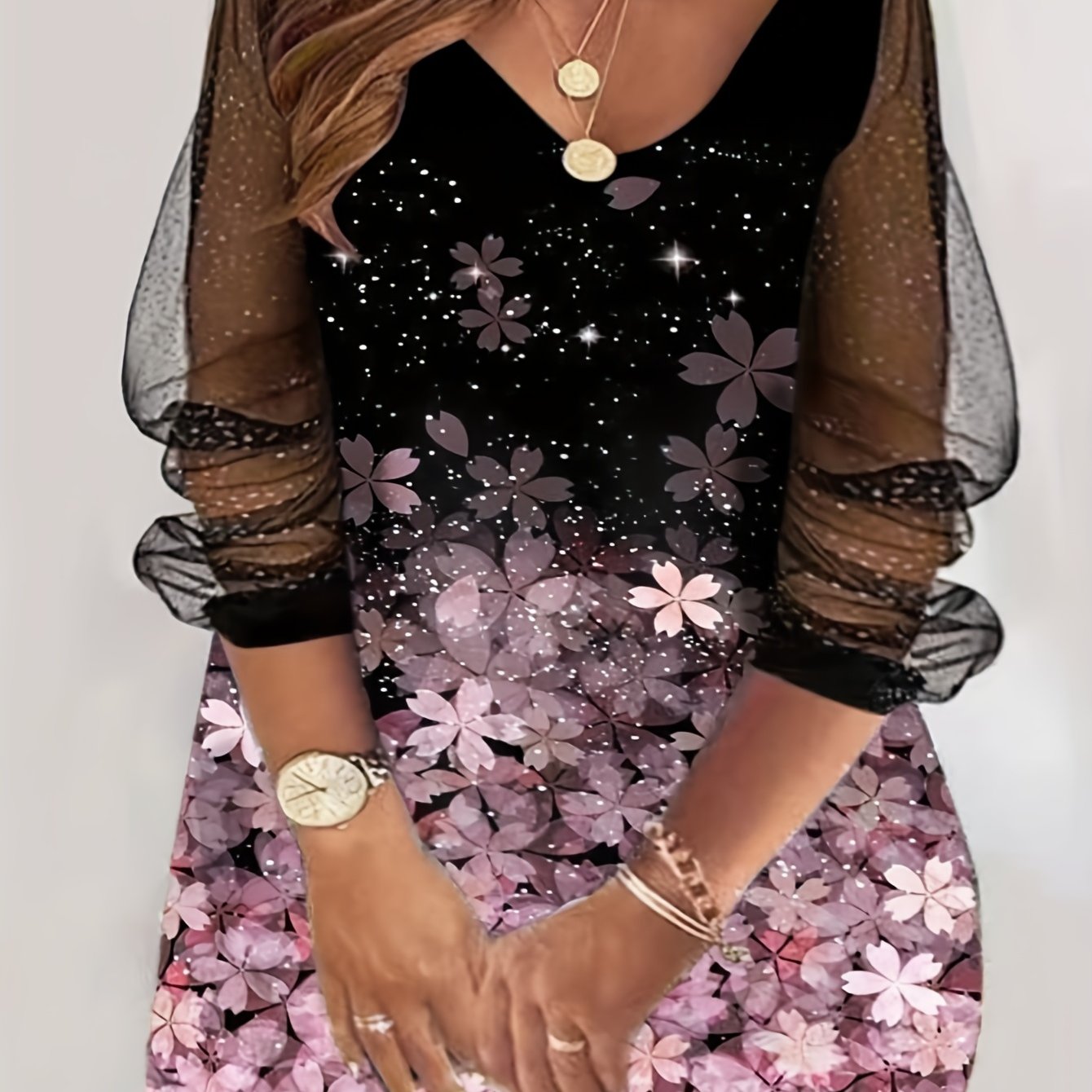  Women's Floral Print Long Sleeve V Neck Dress