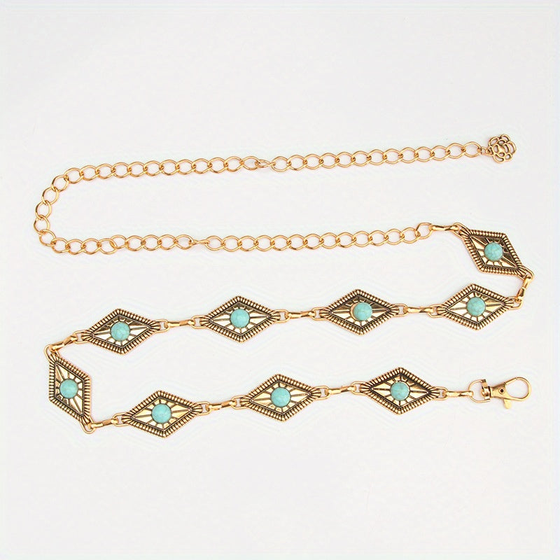 Boho Turquoise Inlay Waist Chain Golden Metal Openwork Belly Chain