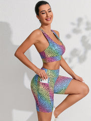 Leopard Print Yoga Set Crop Top & High Waist Shorts