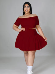  Off Shoulder Crop Top & Mini Skirts Set Women's Plus Casual 2pcs Set