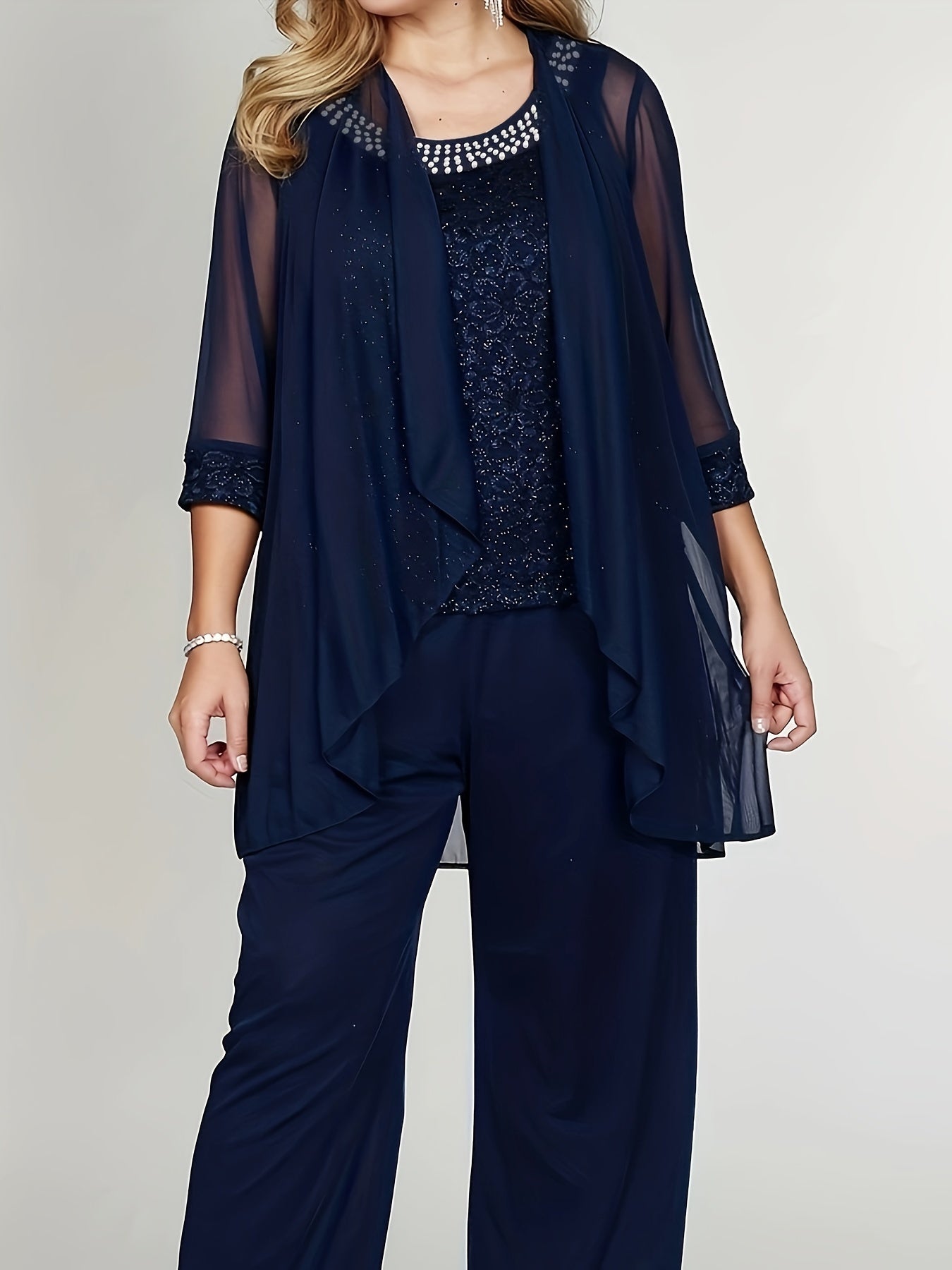 Women's Plus Sequins Tank Top & Cardigan & Pants Set