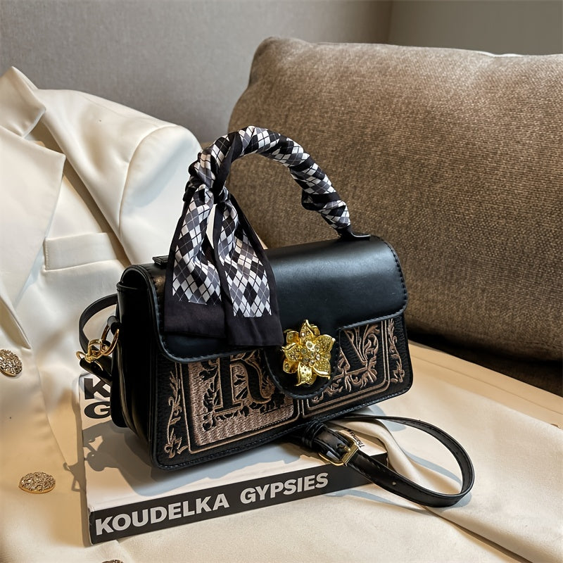 Letter Embroidery Hand Bag Scarf & Metal Decor Flap Crossbody Purse