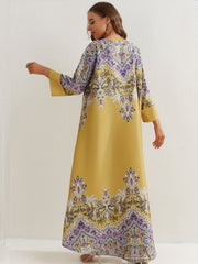  Floral Print Abaya Dress Women's Round Neck Loose Maxi Jalabiya