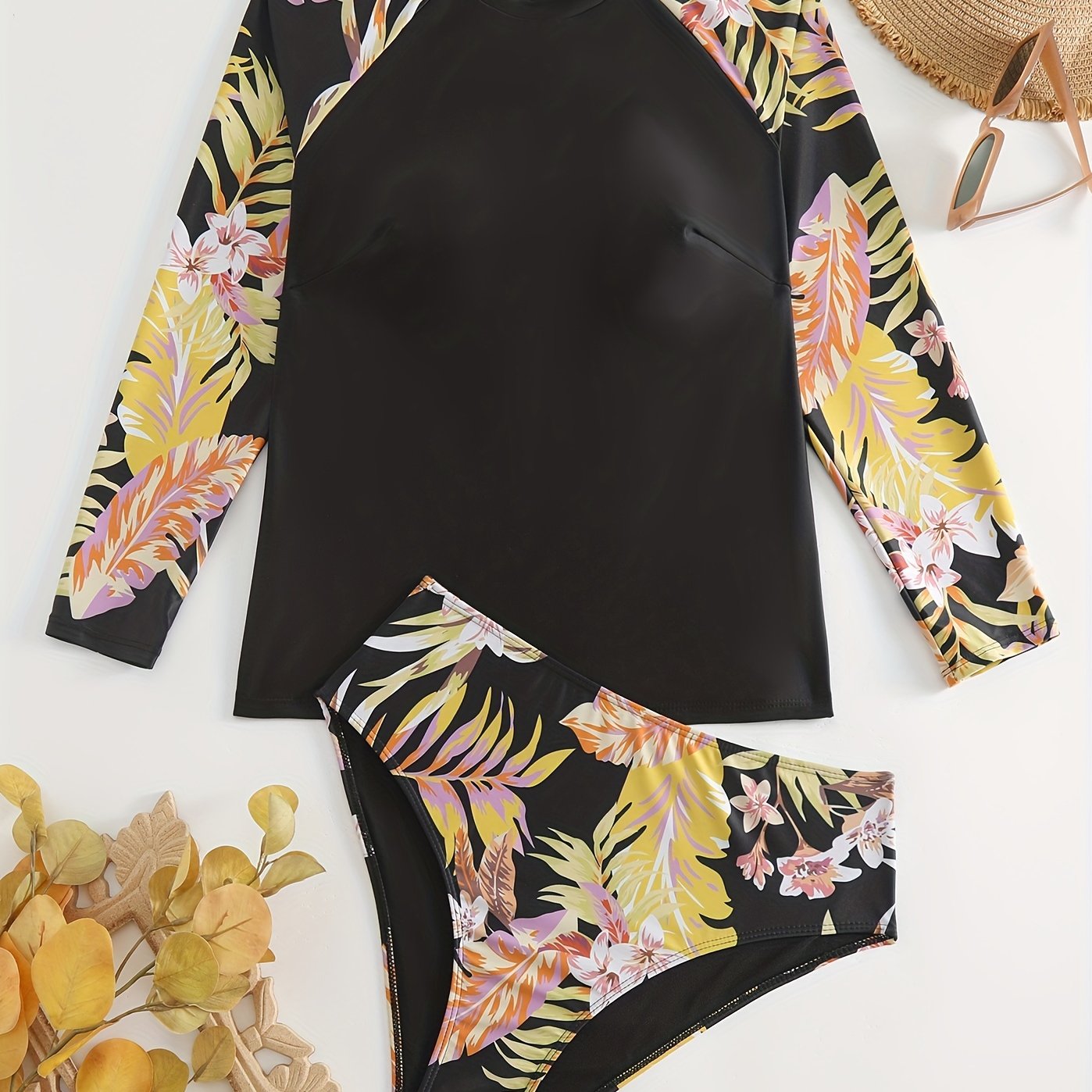  Tropical Print Tankini Set Long Sleeve Crew Neck Top & Panty Swimwear