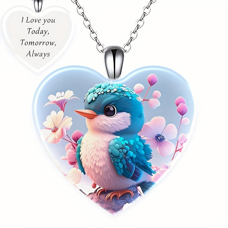 Bird Love Heart Crystal Pendant Necklace For Women Girls
