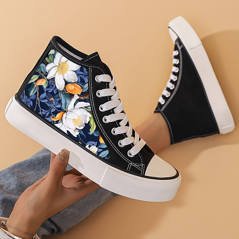 Women's Floral High Top Canvas Sneakers Lightweight Lace Up Board Shoes