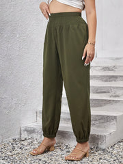  Solid Shirred Waist Jogger Trousers With Pockets