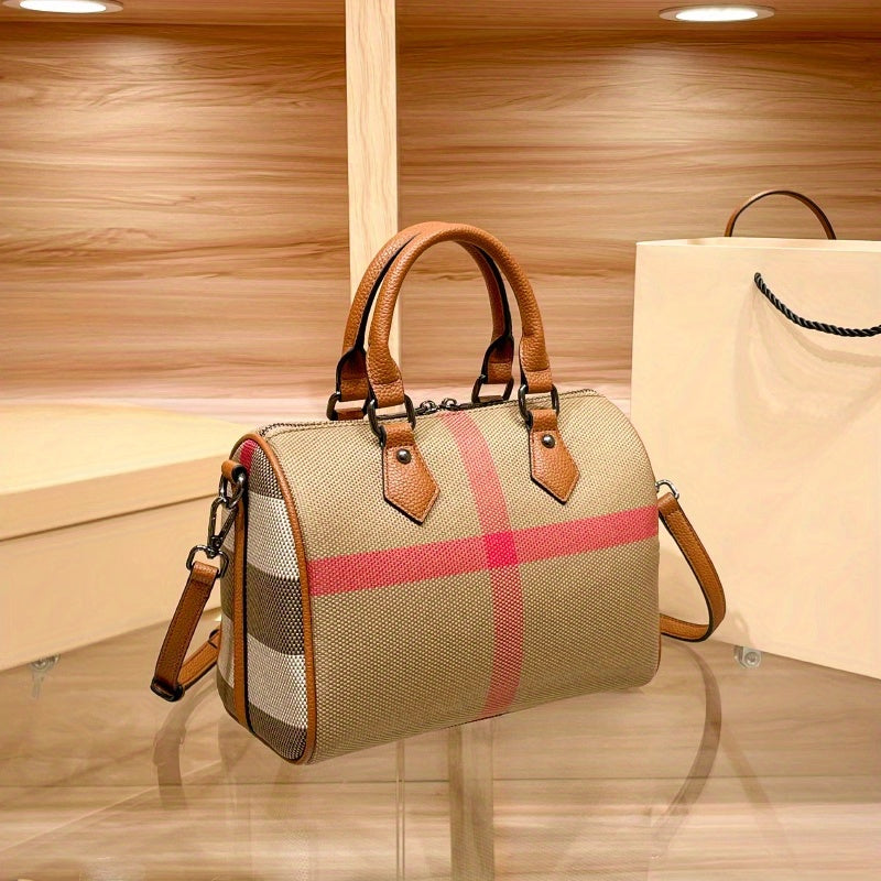 Striped Boston Pillow Handbag Light Brown with Red Accents