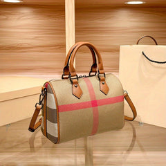 Striped Boston Pillow Handbag Light Brown with Red Accents