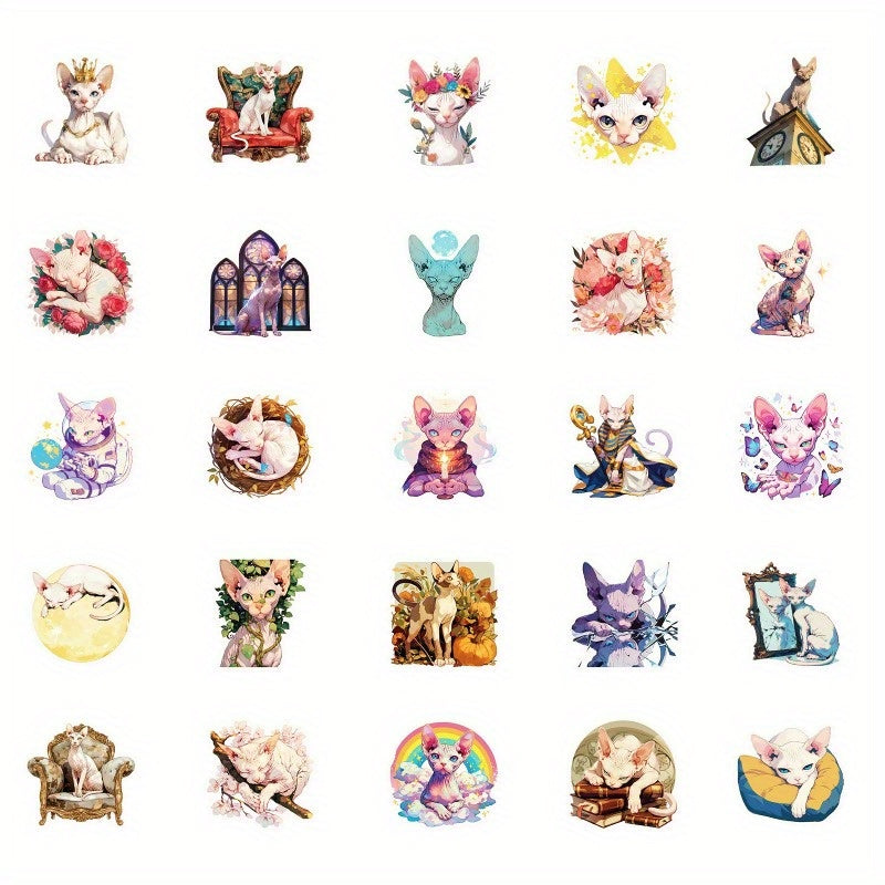 50 Whimsical Cat Stickers Pack DIY Phone Cases Water Bottles Guitar Decor